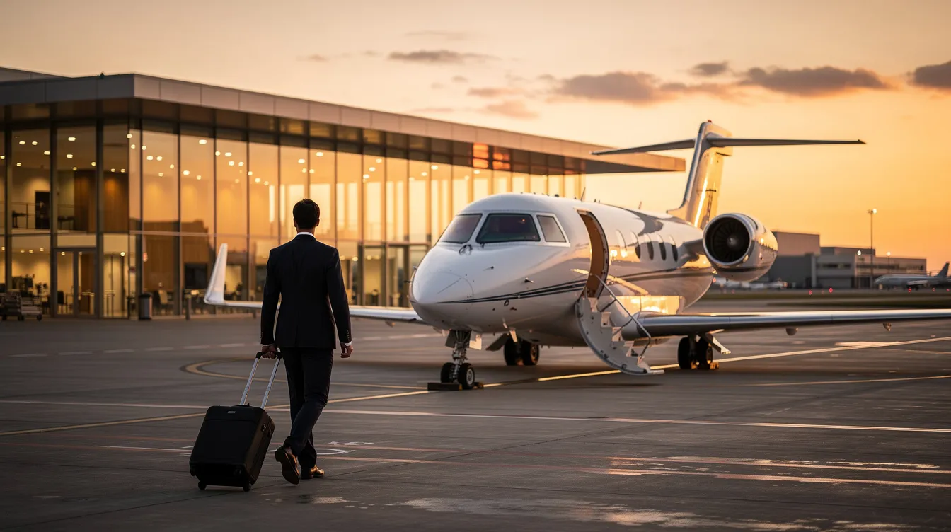 A private aviation terminal features a small jet parked outside, while a passenger walks toward the aircraft, highlighting the luxury and convenience of private jet charter services. This scene emphasizes the unique needs of clients seeking reliable and flexible travel options for their journeys around the world.