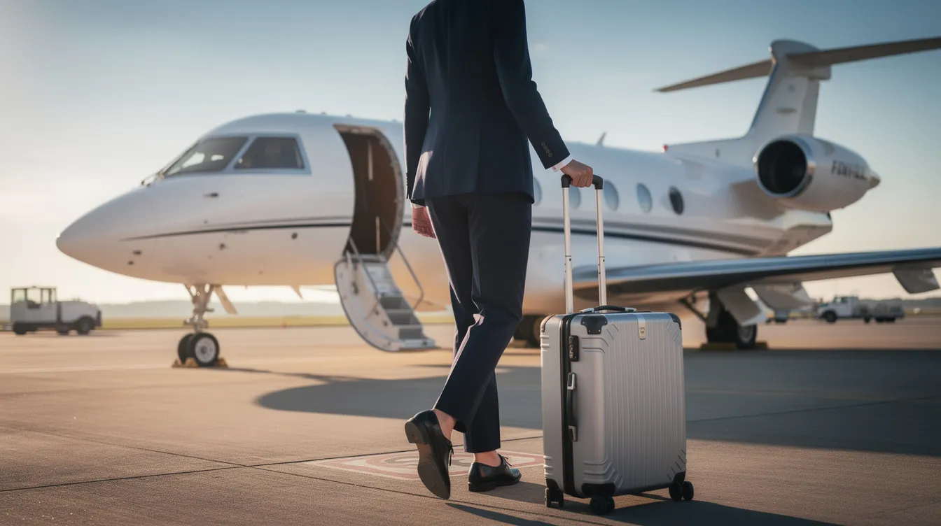 A business professional in a dark suit walks confidently toward a private jet on the tarmac, accompanied by luggage, symbolizing the high-quality service and professionalism of air charter operations. This image captures the essence of a first-class journey, reflecting the commitment of a highly trusted company in the world of private jet charter.