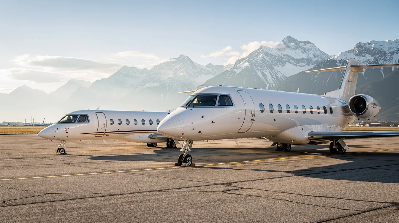 The image shows three different sized private jets lined up on an airport apron, with majestic mountains in the background. This scene highlights the professionalism and quality service of private jet charters, ideal for passengers seeking a first-class journey.