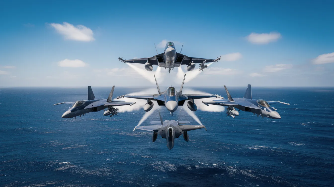 Six navy jets soar in a tight diamond formation over the open ocean, set against a backdrop of a clear blue sky, showcasing the precision and excellence of the United States Navy's flight demonstration squadron. This stunning display exemplifies the pride and teamwork of the Navy Blue Angels, inspiring awe and admiration from spectators below.