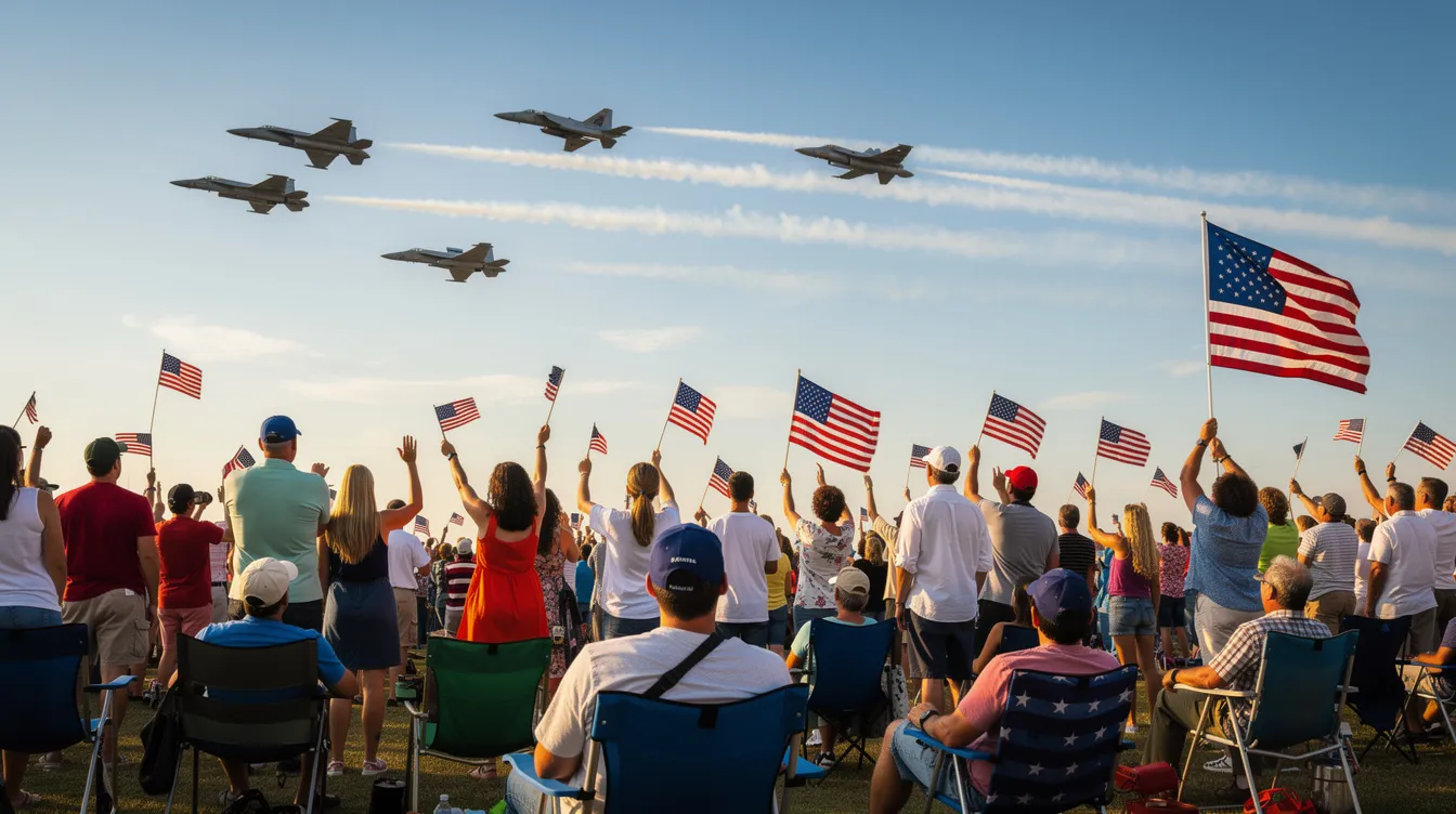 A crowd of enthusiastic spectators gathers at an outdoor air show, watching as navy blue angels jets streak across the sky, leaving trails of smoke, while American flags flutter in the breeze. The event showcases the excellence of the United States Navy's flight demonstration squadron, inspiring pride and excitement among attendees.