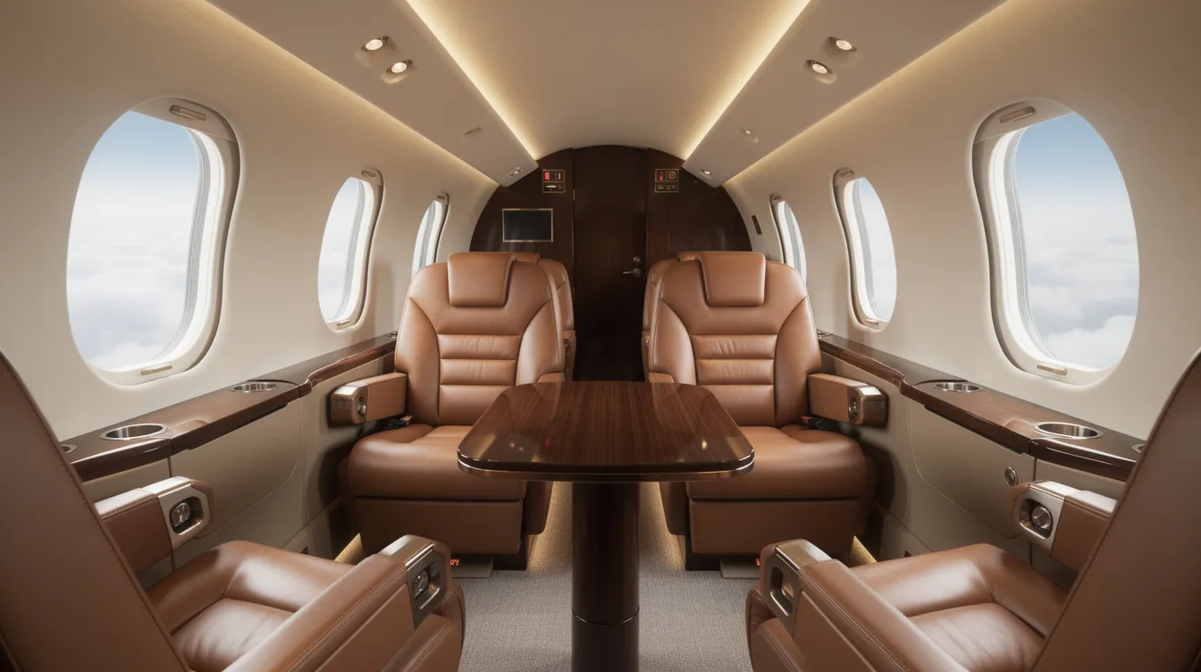 The image showcases a luxurious private jet cabin featuring comfortable leather seats and large windows that reveal a breathtaking view of fluffy clouds against a blue sky. This elegant setting reflects the essence of skyblue aviation, emphasizing comfort and sophistication in air travel.