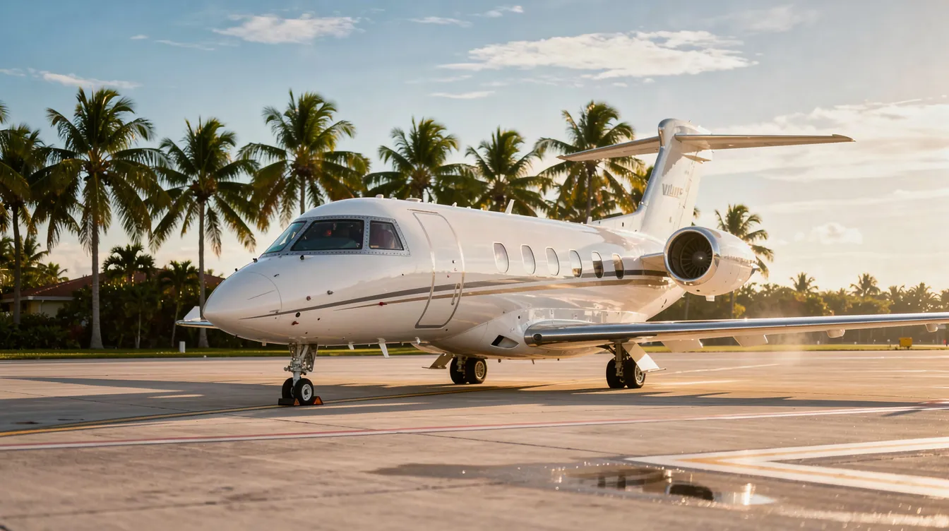 A small private jet is parked on a sunlit airport tarmac in Florida, surrounded by palm trees, showcasing the essence of skyblue aviation. This scene reflects a perfect day for flight training and aircraft management in a vibrant aviation environment.