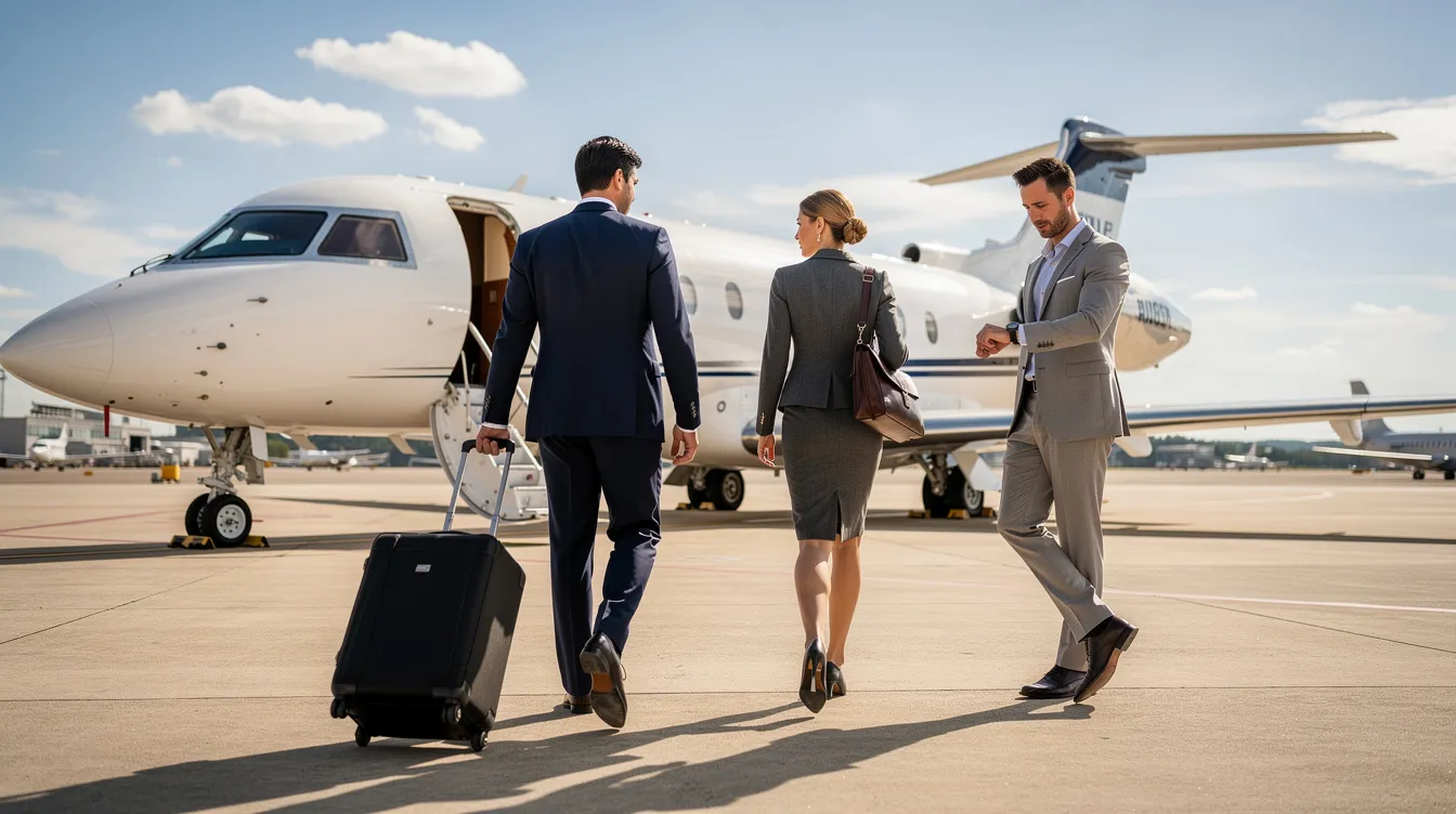 A group of business travelers in professional attire walks toward a sleek private jet on a sunny airport ramp, embodying the spirit of aviation excellence. The bright sun illuminates the scene, highlighting their purposeful stride as they approach the aircraft, ready for their journey.