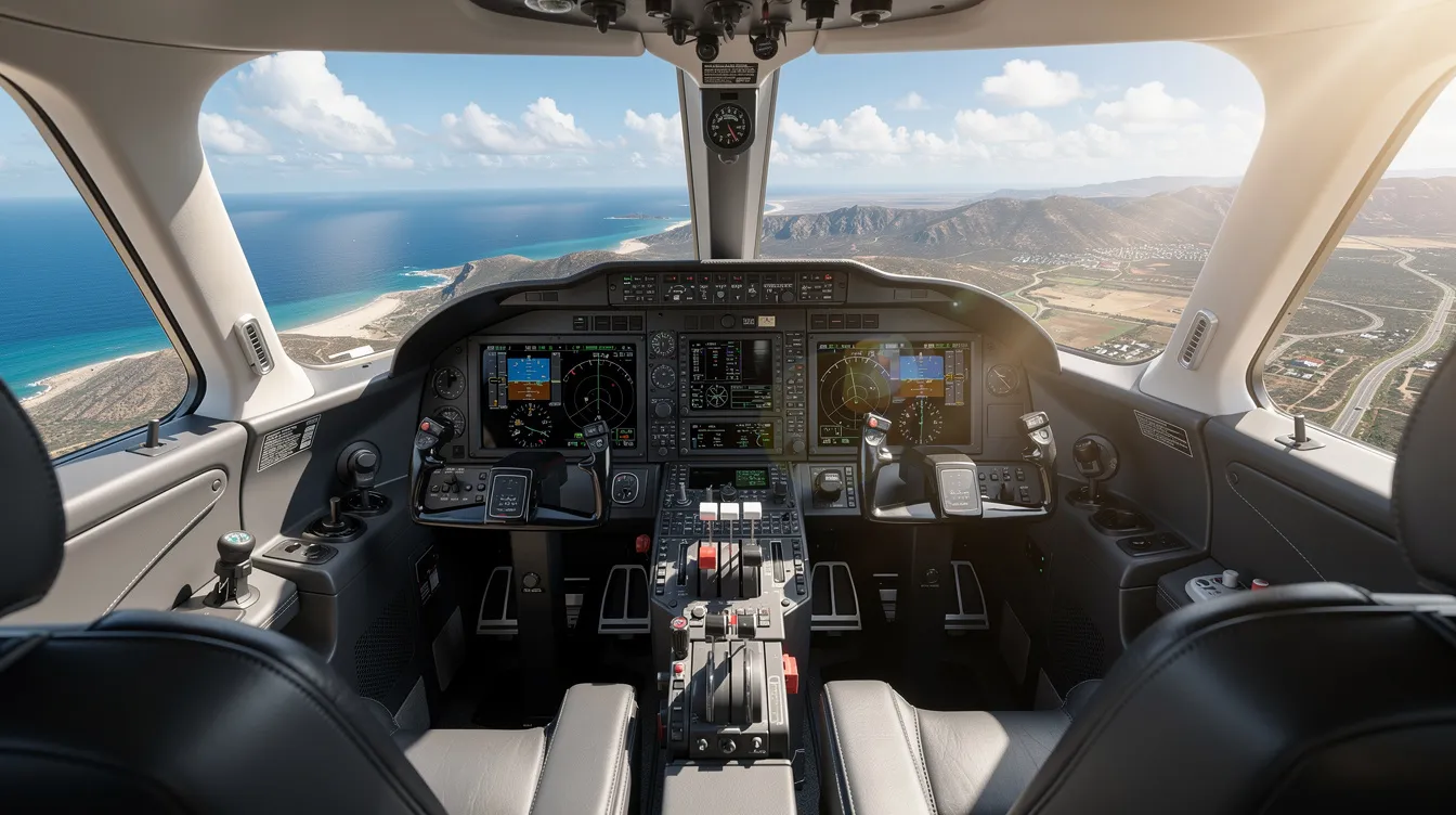 The image shows the interior view of a light business jet cockpit, where skilled pilots navigate under a sunny sky while flying over picturesque coastal terrain. The scene captures the essence of aviation excellence, highlighting the advanced training and dedication involved in private pilot operations.