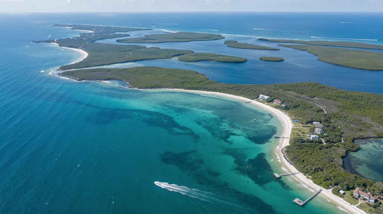 An aerial view captures the stunning Florida coastline, showcasing vibrant blue waters alongside lush green islands. This picturesque scene reflects the beauty and tranquility of the region, perfect for enjoying luxury travel experiences with services like Skyway Aviation, ensuring passenger and aircraft safety.