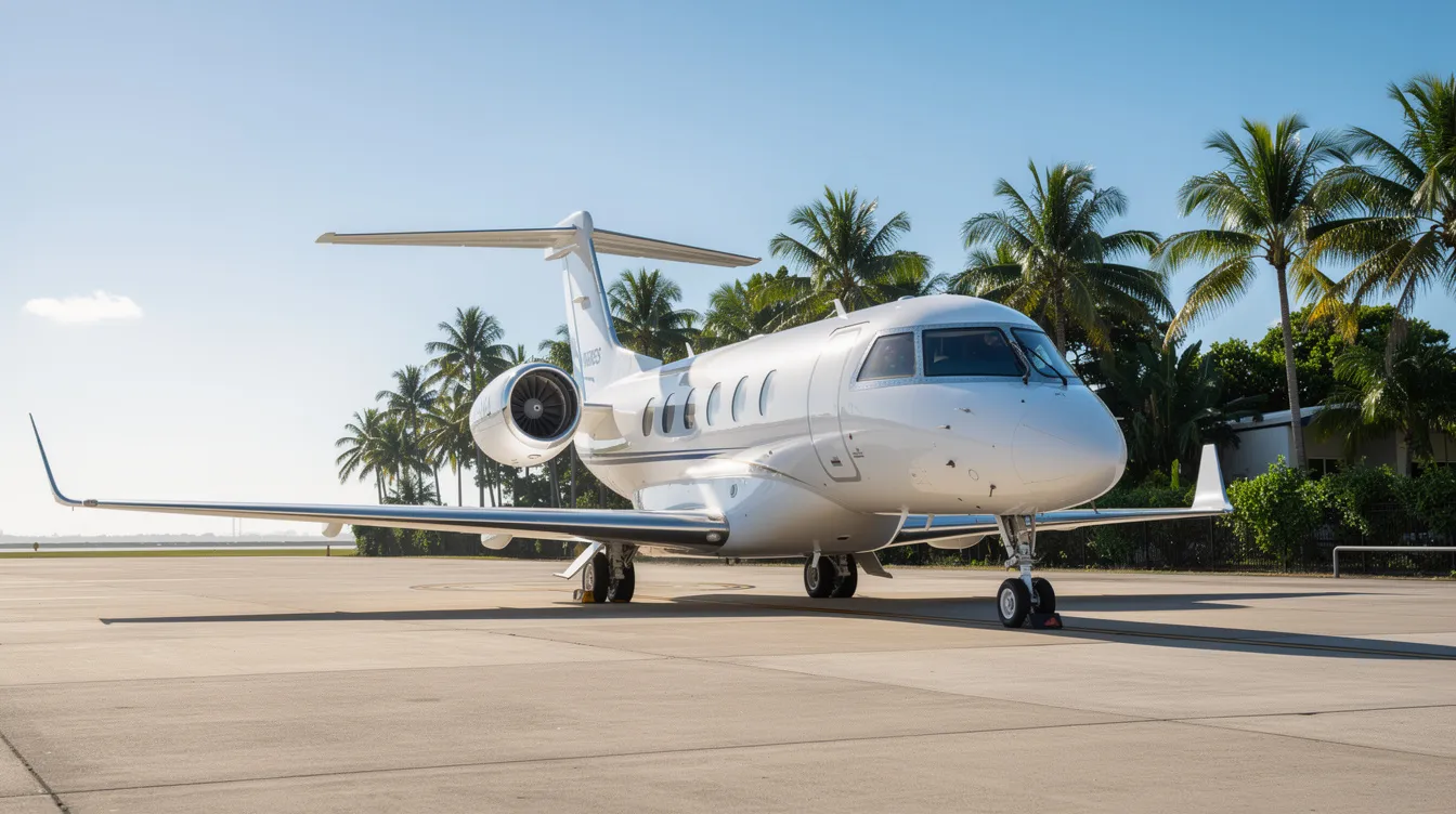 A small private jet, specifically a Learjet 60, is parked on a sunny airport tarmac surrounded by lush palm trees, showcasing a perfect blend of luxury and convenience for travelers in Tampa, Florida. This image reflects the commitment to passenger and aircraft safety that is a hallmark of Skyway Aviation Services.