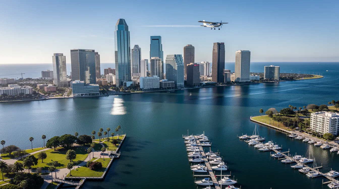 An aerial view of the Tampa, Florida waterfront showcases the city's skyline, with small aircraft visible in the distance, symbolizing the commitment to passenger and aircraft safety offered by skyway aviation services. The scene reflects a blend of urban beauty and aviation excellence, highlighting the importance of reliable performance and aircraft management in this vibrant location.