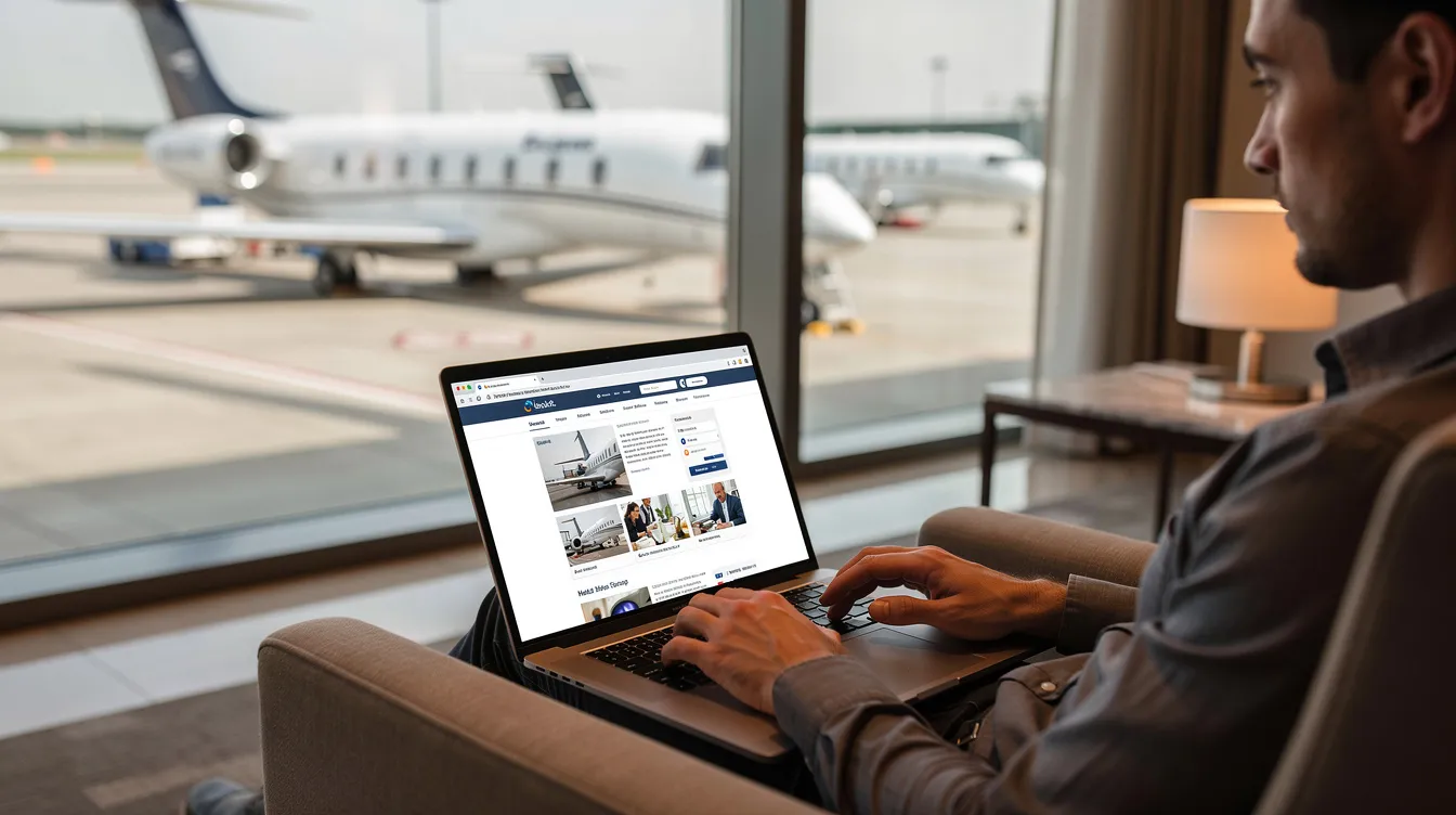 A person is seated in an airport lounge, focused on a laptop screen, with a clear view of parked private jets outside the window, highlighting the luxurious travel options offered by Skyway Aviation Services. The scene reflects a blend of work and leisure, emphasizing the convenience and comfort of private jet travel.