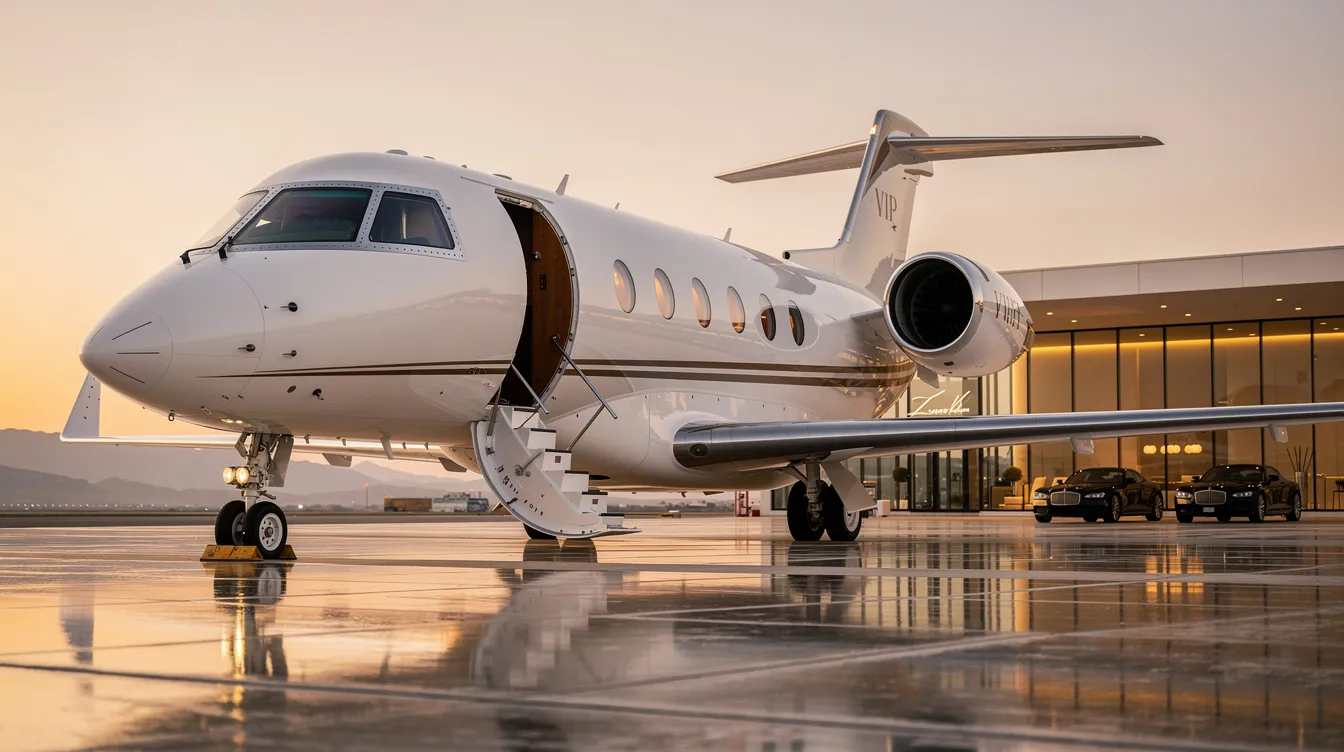 The image showcases a sleek Stratos aircraft, a very light personal jet, poised on the runway ready for its first test flight. The modern design highlights its impressive wingspan and streamlined fuselage, emphasizing its role as a leader in private jet aviation for business and leisure travel.