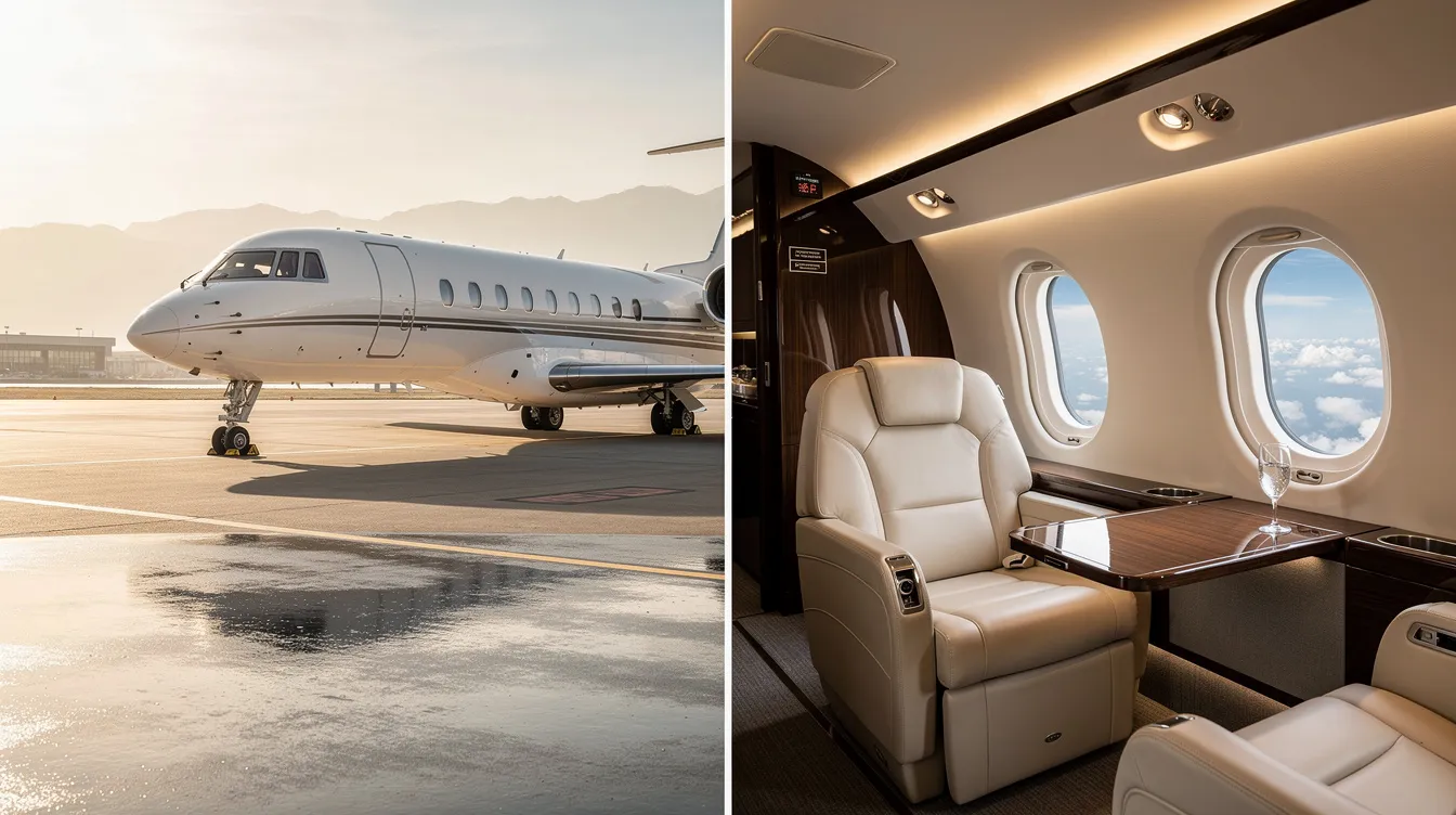 The image showcases a sleek private jet, highlighting its modern design and luxurious cabin that accommodates four seats. This aircraft represents the pinnacle of aviation performance and comfort, ideal for fulfilling various flying needs.