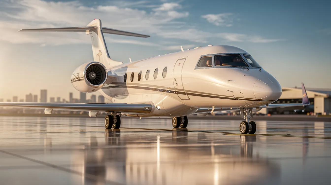 The image showcases a sleek private jet, highlighting its modern design and luxurious cabin that accommodates four seats. This aircraft represents the pinnacle of aviation performance and comfort, ideal for fulfilling various flying needs.