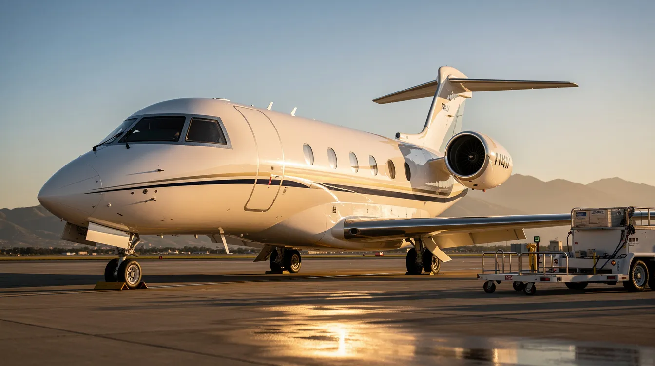 The image showcases a sleek private jet, highlighting its modern design and luxurious cabin that accommodates four seats. This aircraft represents the pinnacle of aviation performance and comfort, ideal for fulfilling various flying needs.