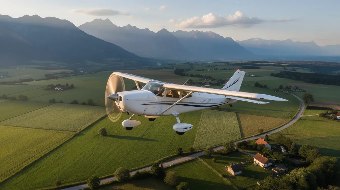 A small propeller aircraft, resembling a military variant like the Cessna T-41 Mescalero, soars through the sky above a lush green rural landscape, with majestic mountains rising in the background. The scene captures the essence of flight and the beauty of nature, highlighting the aircraft's design capabilities and its role in training pilot candidates.