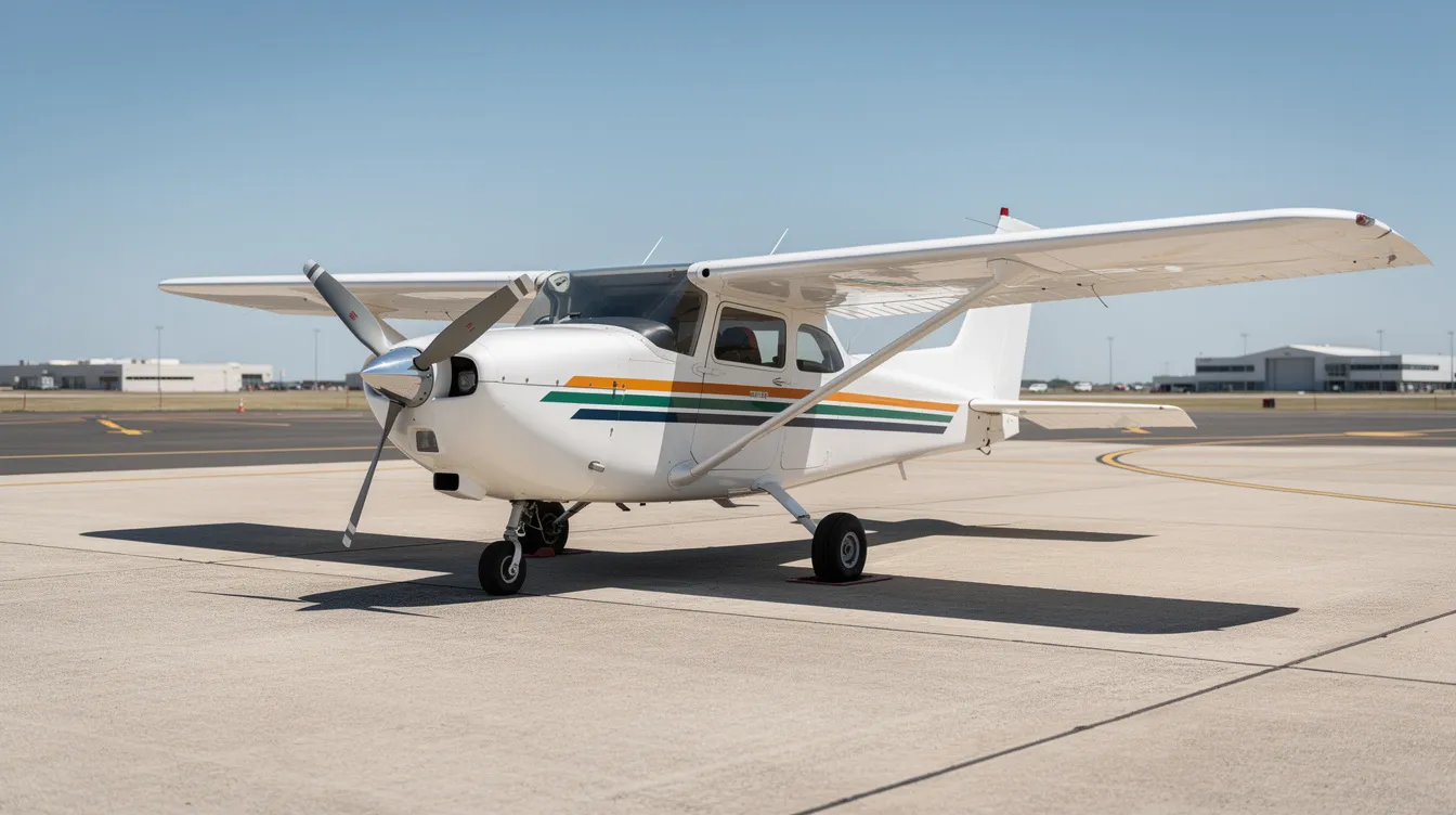 A Cessna T-41 Mescalero, a high-wing single-engine trainer aircraft, is parked on a sunlit tarmac under a clear blue sky, showcasing its sleek design and powerful engine. This military variant is often used by pilot candidates in training programs, reflecting its role as a primary trainer for the United States Air Force and other armed forces.