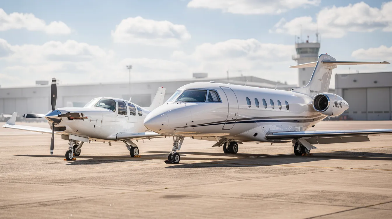 The image shows a small single-engine propeller airplane, specifically a Cessna 172, parked alongside a sleek business jet on an airport tarmac. Both aircraft are in excellent condition, showcasing fresh paint and modern avionics, making this an extremely rare opportunity for aviation enthusiasts or potential buyers.