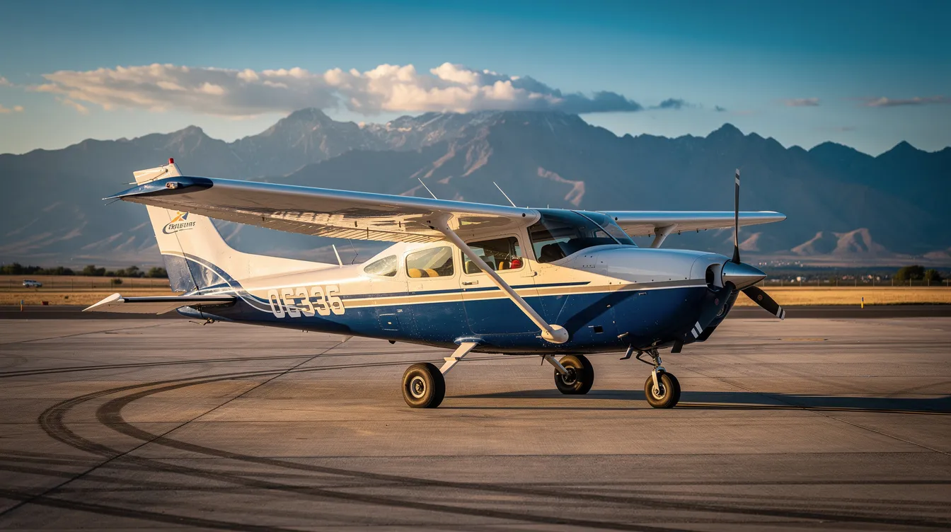 A Cessna 172 Skyhawk, featuring fresh paint and modern avionics, is parked on a sunlit airport ramp with majestic mountains in the background, representing an extremely rare opportunity in business aviation. This excellent condition aircraft is ideal for pilots looking to fly with reliability and style.