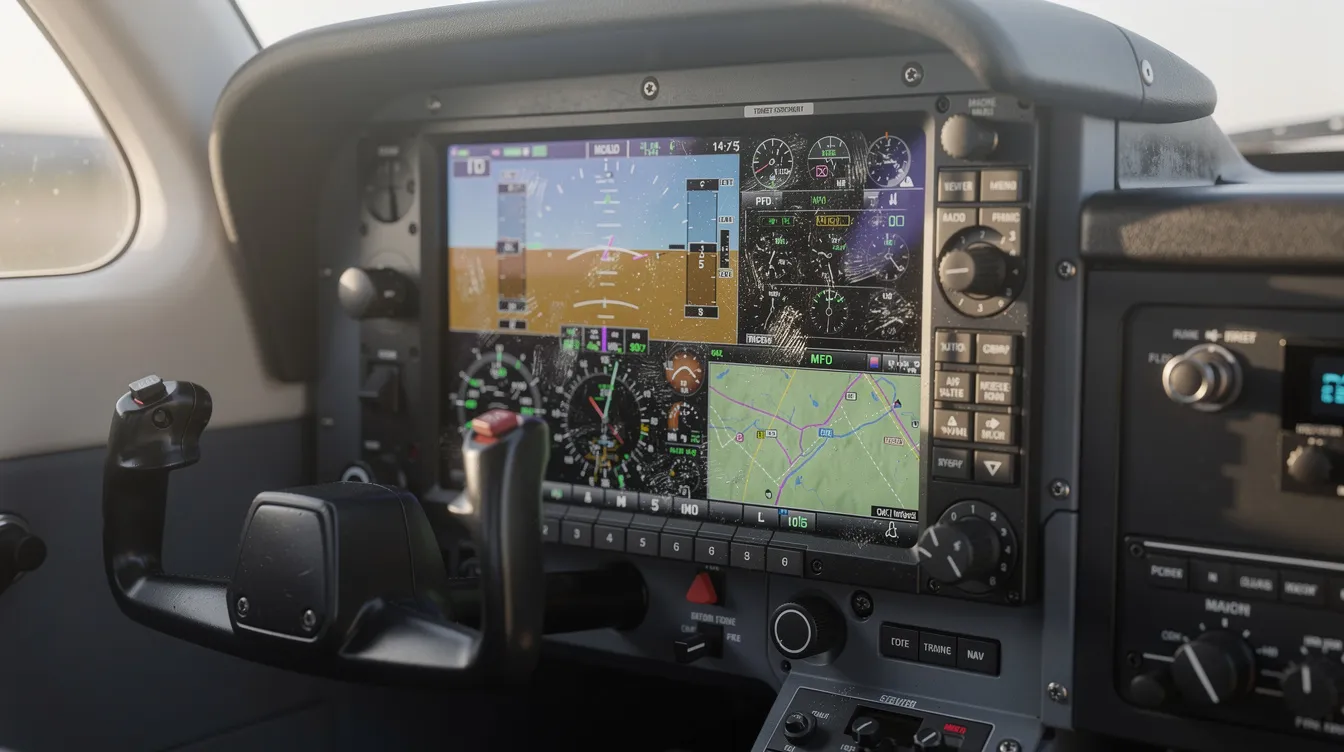 The image features a close-up view of a glass cockpit display panel inside a small single-engine aircraft, showcasing modern avionics such as a Garmin GPS and audio panel. This setup is indicative of business aviation, emphasizing the advanced technology available in aircraft like the Cessna 172, which is essential for pilots seeking excellent condition equipment for flying.