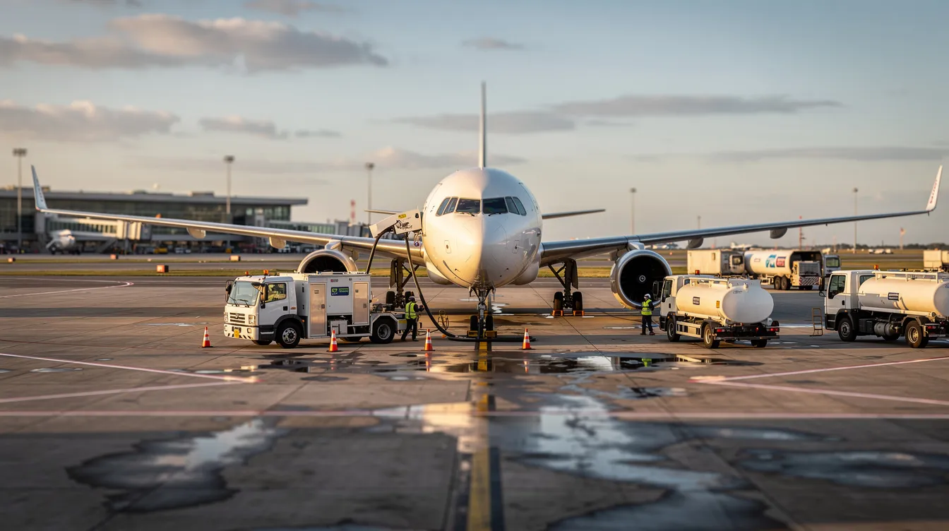 A large commercial aircraft, resembling a Boeing 757, is being refueled on an airport apron, with fuel trucks parked nearby, highlighting the essential operations in the aviation industry. The scene captures the critical process of fuel consumption and efficiency necessary for long haul flights and intercontinental routes.