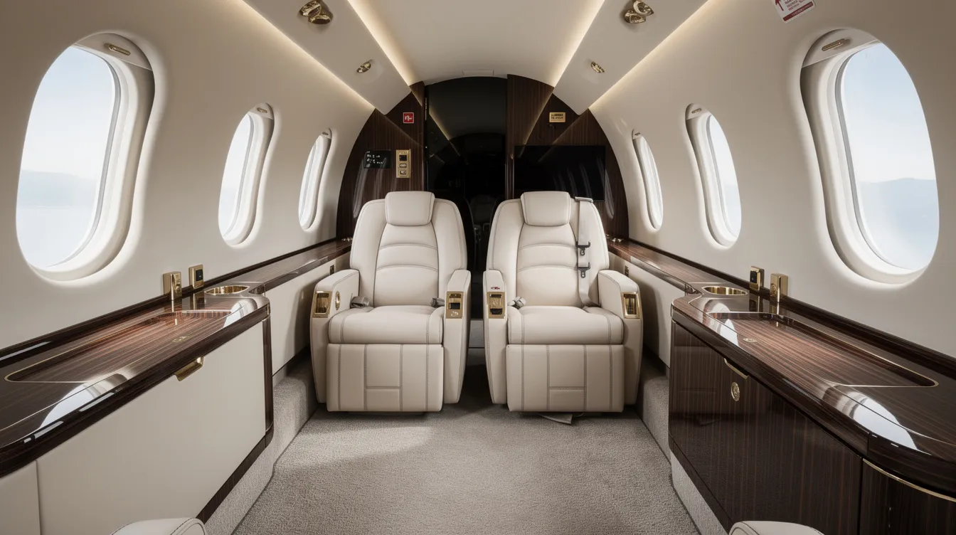The image showcases the opulent interior of a VIP-configured private aircraft, featuring luxurious leather seating and elegant wood paneling, designed to provide comfort for passengers during long-haul flights. This exquisite setting exemplifies the high standards of the aviation industry, reminiscent of exclusive private jets like the Boeing 757.
