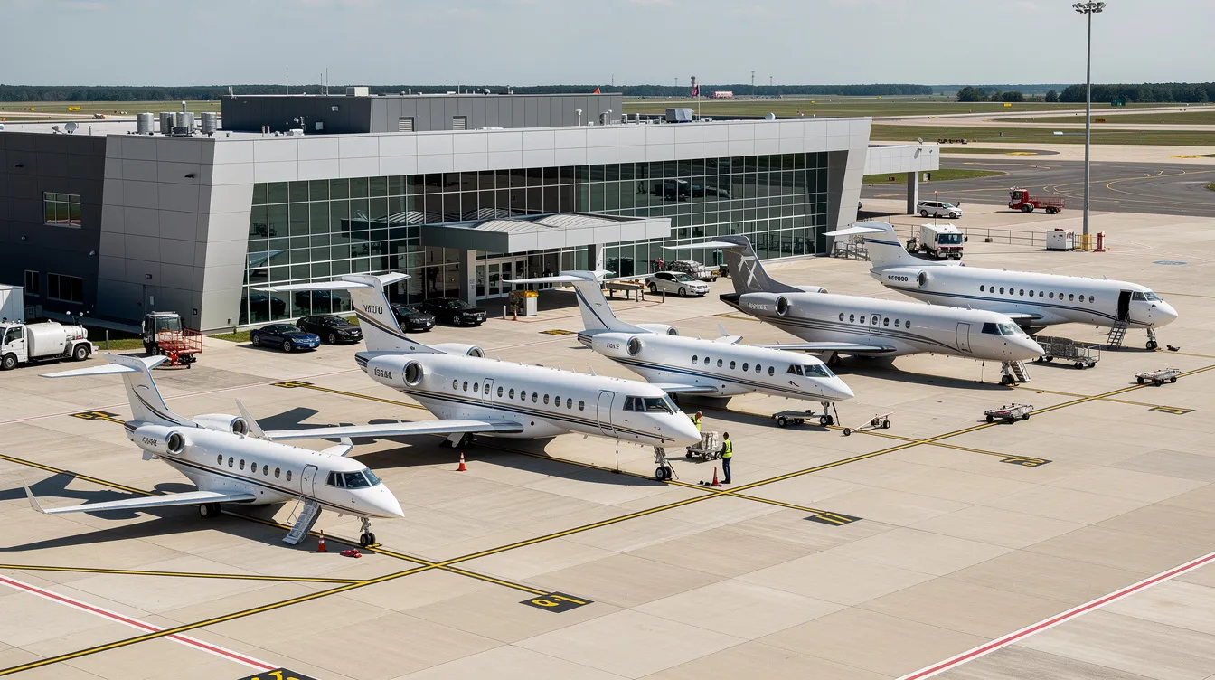 The image shows multiple private jets of various sizes parked at a fixed-base operator facility, highlighting the diversity in the aviation industry. Among these aircraft, there are models designed for long-haul flights and others suited for shorter runways, showcasing the capabilities and configurations available for different passenger capacities.