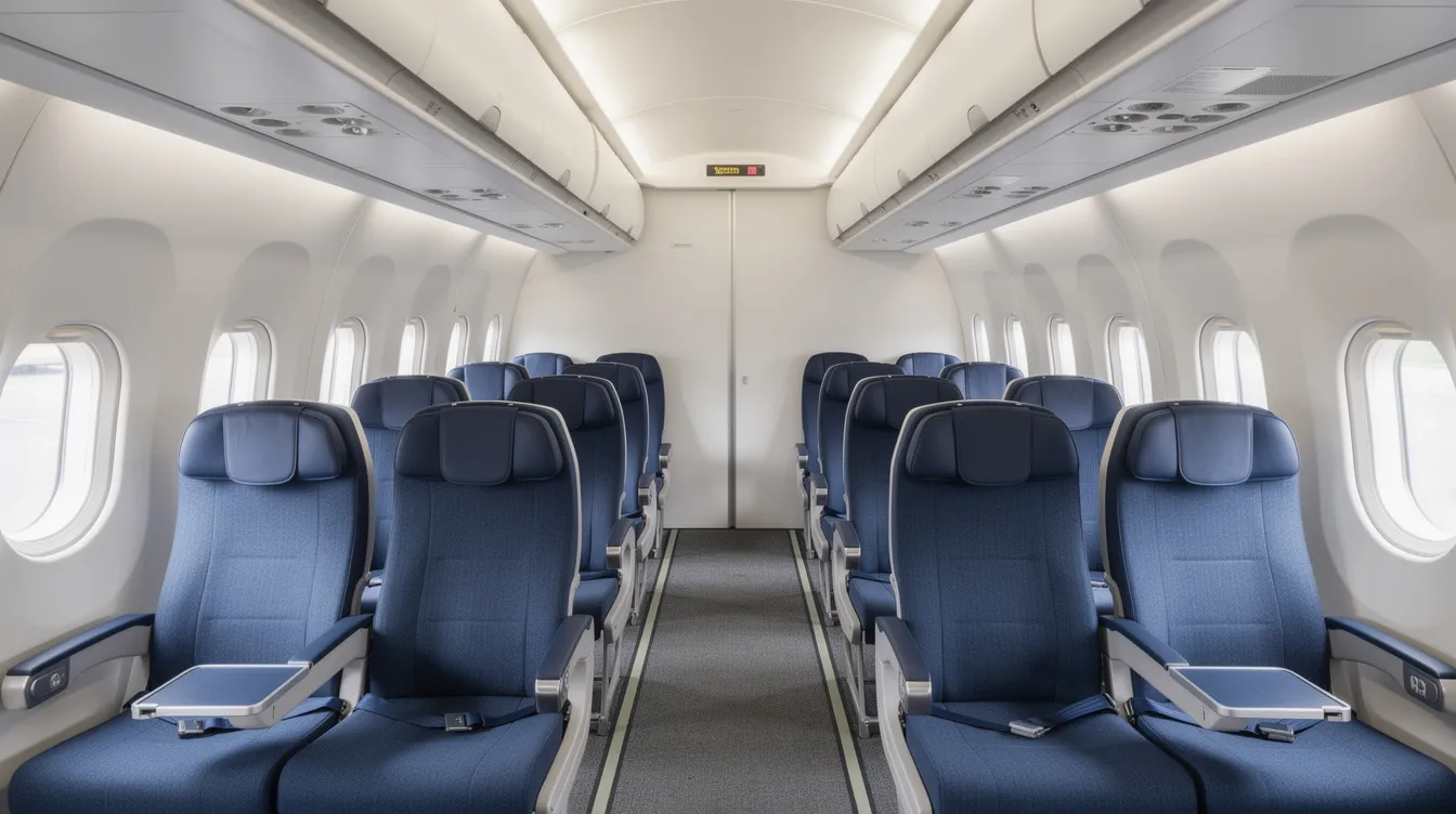 The interior view of a Boeing 737 800 aircraft cabin showcases rows of blue economy class seats, complete with movable armrests and overhead bins for storage. The seating layout is designed for passenger comfort, featuring seat back screens and USB ports for personal devices, creating a modern flying experience.