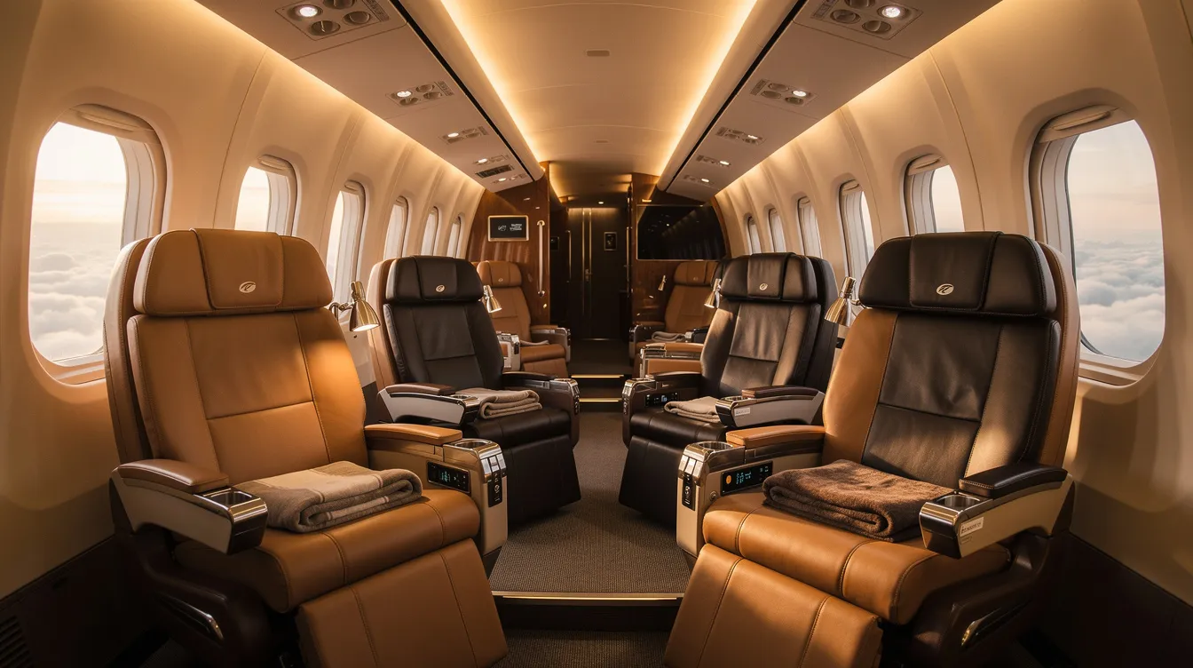 The image depicts wide leather reclining seats in the premium cabin of a Boeing 737 800 aircraft, illuminated by warm lighting, creating a comfortable and inviting atmosphere for passengers. The seating configuration is designed for relaxation, featuring movable armrests and ample seat width, enhancing the overall flying experience.