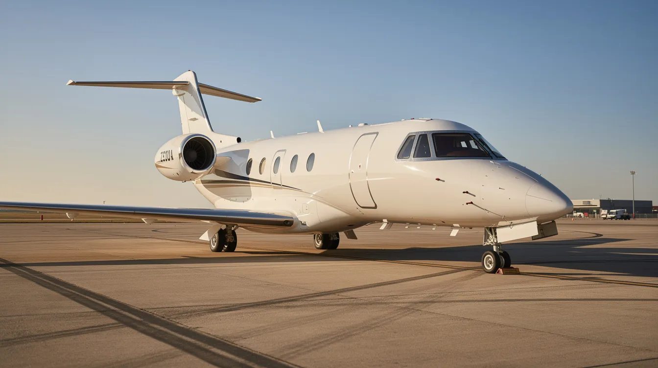 A small private jet is parked on a tarmac, with a clear blue sky in the background, highlighting the sleek design of the aircraft. The scene captures the tranquility of aviation, emphasizing the luxury and exclusivity often associated with private flights.