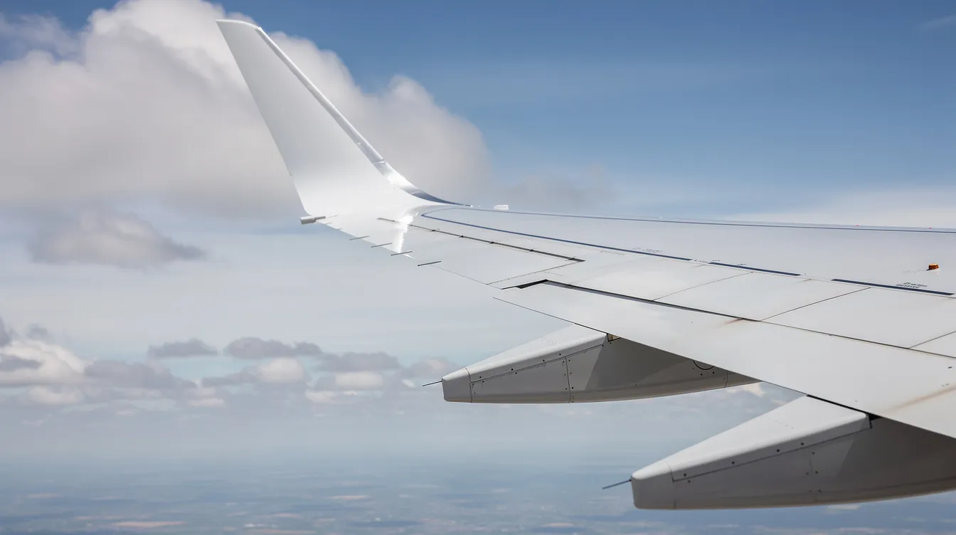 A close-up view of the split-tip winglets on the wing of a Boeing 737 Max, showcasing the sleek design that enhances fuel efficiency and reduces engine noise for modern narrow-body commercial jets. The image highlights the innovative features that contribute to the aircraft's performance and safety in flight.