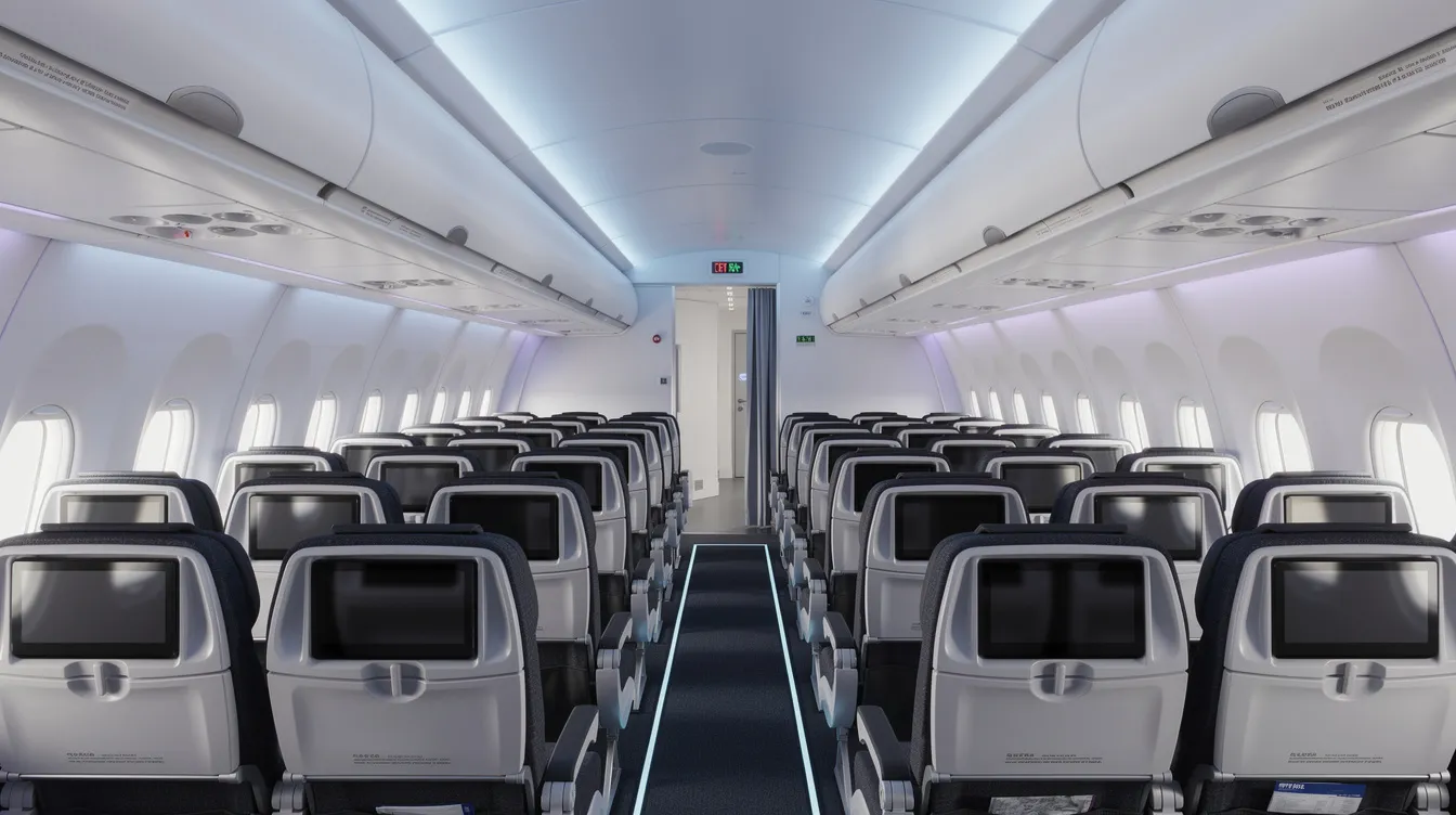 The image depicts the interior of a modern Boeing 737 MAX cabin, showcasing LED mood lighting and spacious overhead bins designed for passenger comfort. The sleek design emphasizes efficiency and a quieter flight experience, characteristic of the latest generation of narrow-body aircraft.