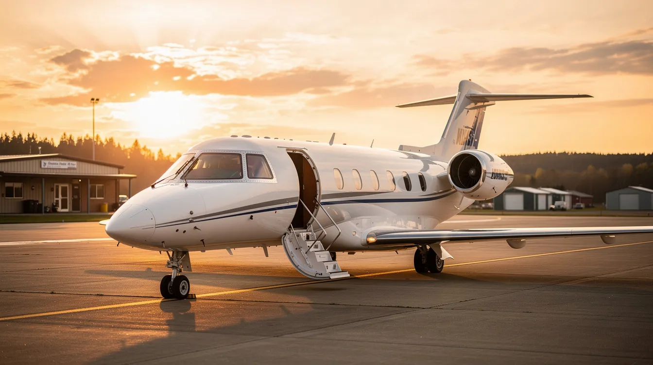 A midsize business jet is parked on the tarmac of a small regional airport, showcasing its sleek design and modern features. The aircraft, likely equipped with quieter engines for reduced noise, stands ready for its next flight, reflecting the efficiency and advanced technology of new aircraft in the aviation industry.
