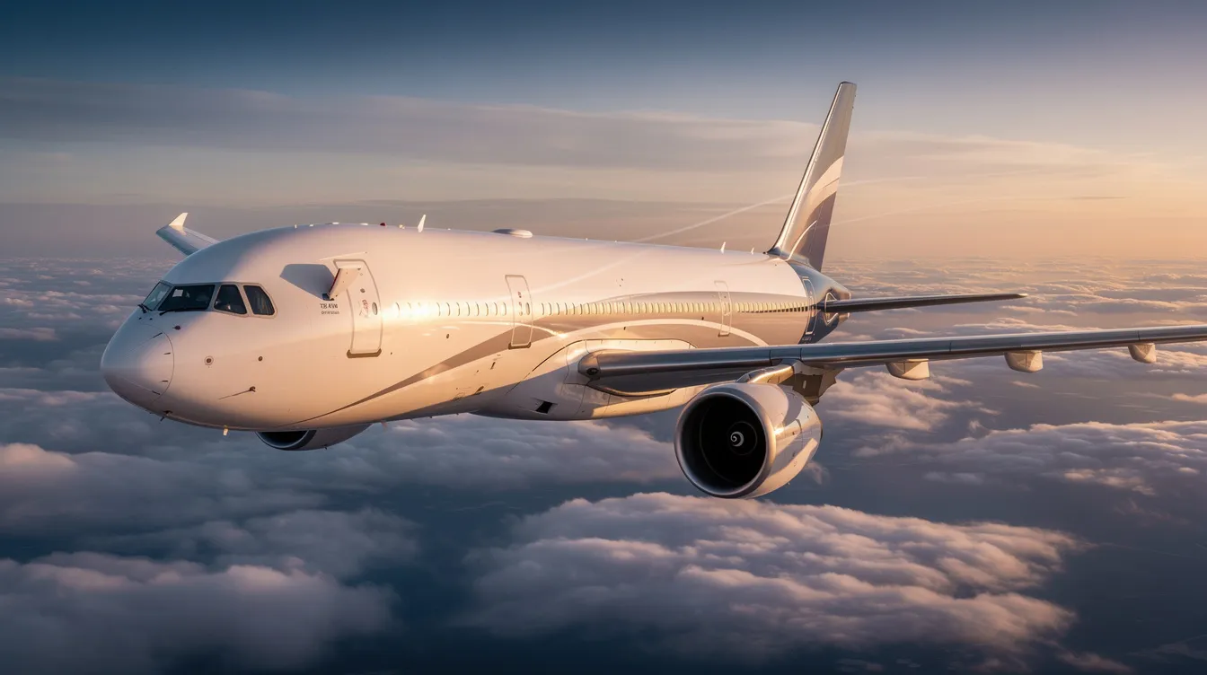 A large Airbus A330-300 aircraft with twin engines soars above a sea of fluffy clouds, bathed in the warm golden hues of sunset. The aircraft's sleek wings and powerful engines are highlighted against the vibrant sky, showcasing its impressive design and capabilities.