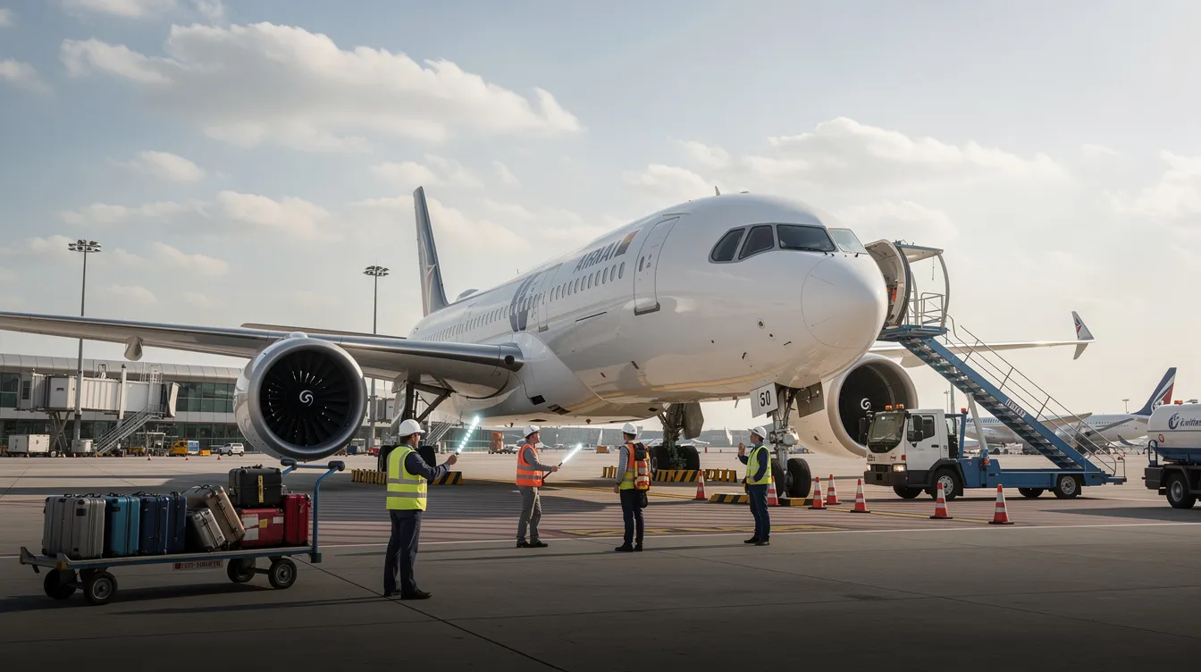 A wide-body Airbus A330-300 aircraft is positioned on an airport runway, surrounded by ground crew and service vehicles preparing for its next flight. The scene captures the bustling activity typical of airline operations, highlighting the aircraft's impressive wingspan and engineering.
