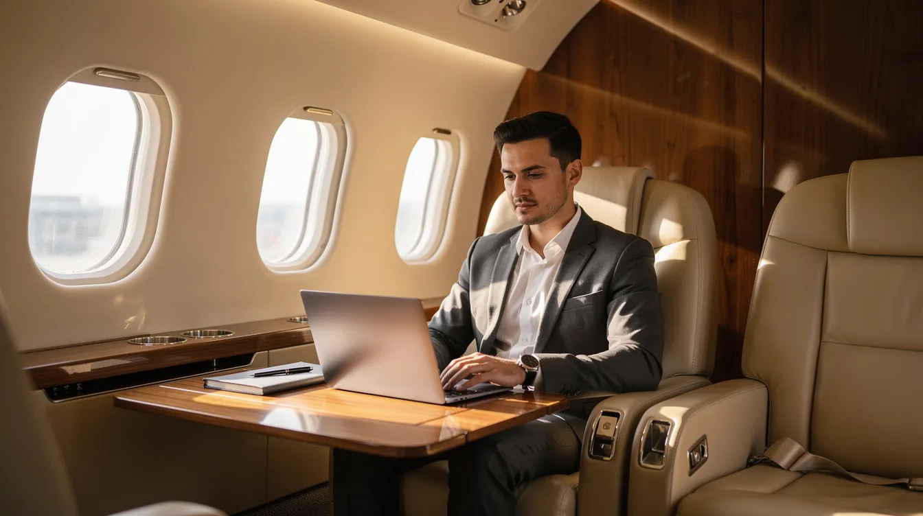 A business professional is seated in a well-lit private jet cabin, working on a laptop surrounded by luxurious leather seats. This image highlights the comfort and efficiency of air charter services for business aviation, showcasing how travelers can conduct work while in transit on a private jet.
