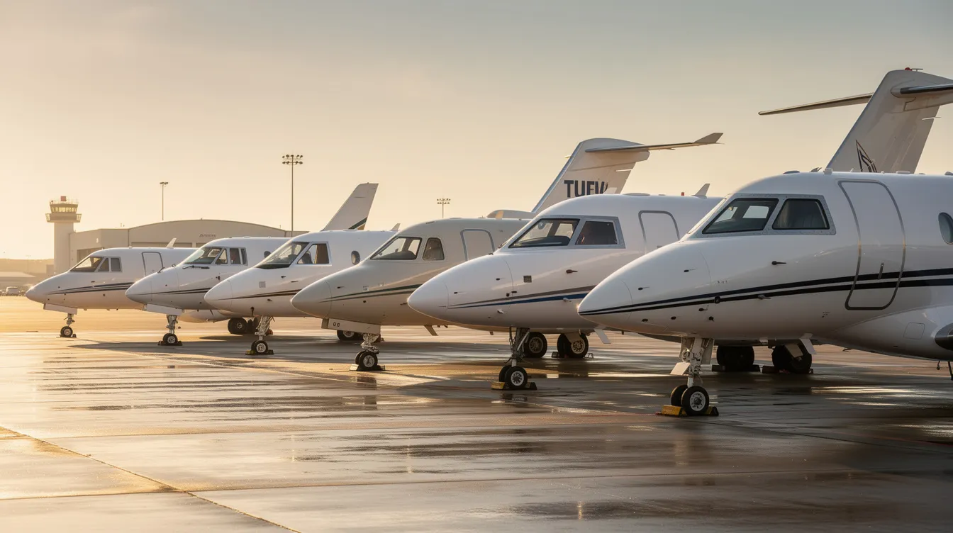 A lineup of various private jets is parked on an airport ramp, showcasing a range from a small turboprop to a large cabin jet, highlighting the diverse options available for air charter services. This scene illustrates the world of business aviation, where travelers can choose from different aircraft to suit their travel plans and needs.