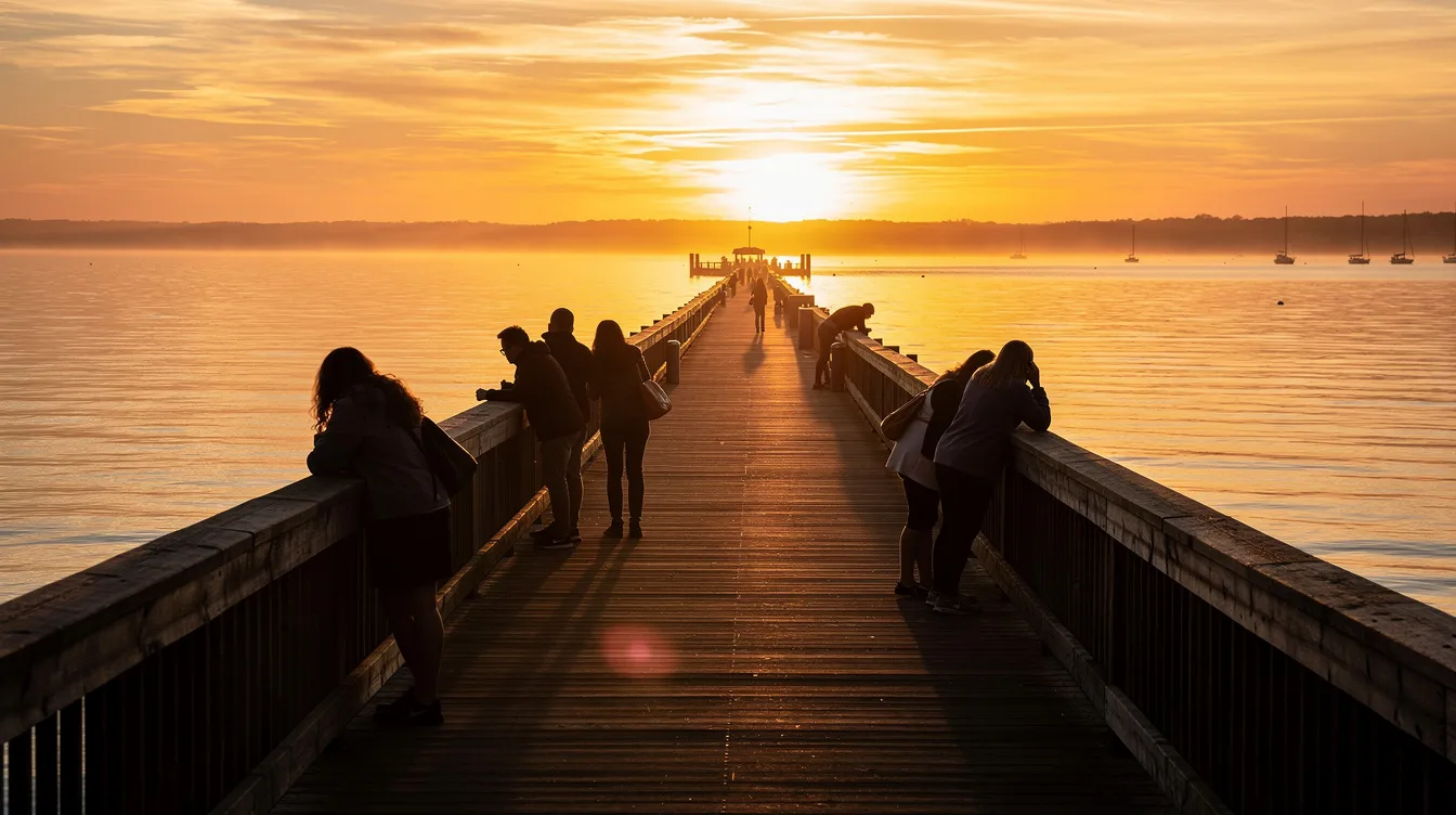 The image depicts a stunning golden sunset over a waterfront pier, with the silhouettes of people gathered on a seaside boardwalk, enjoying the view. This serene scene captures the essence of a relaxing evening in Key West, a popular destination known for its beautiful sunsets and vibrant atmosphere.