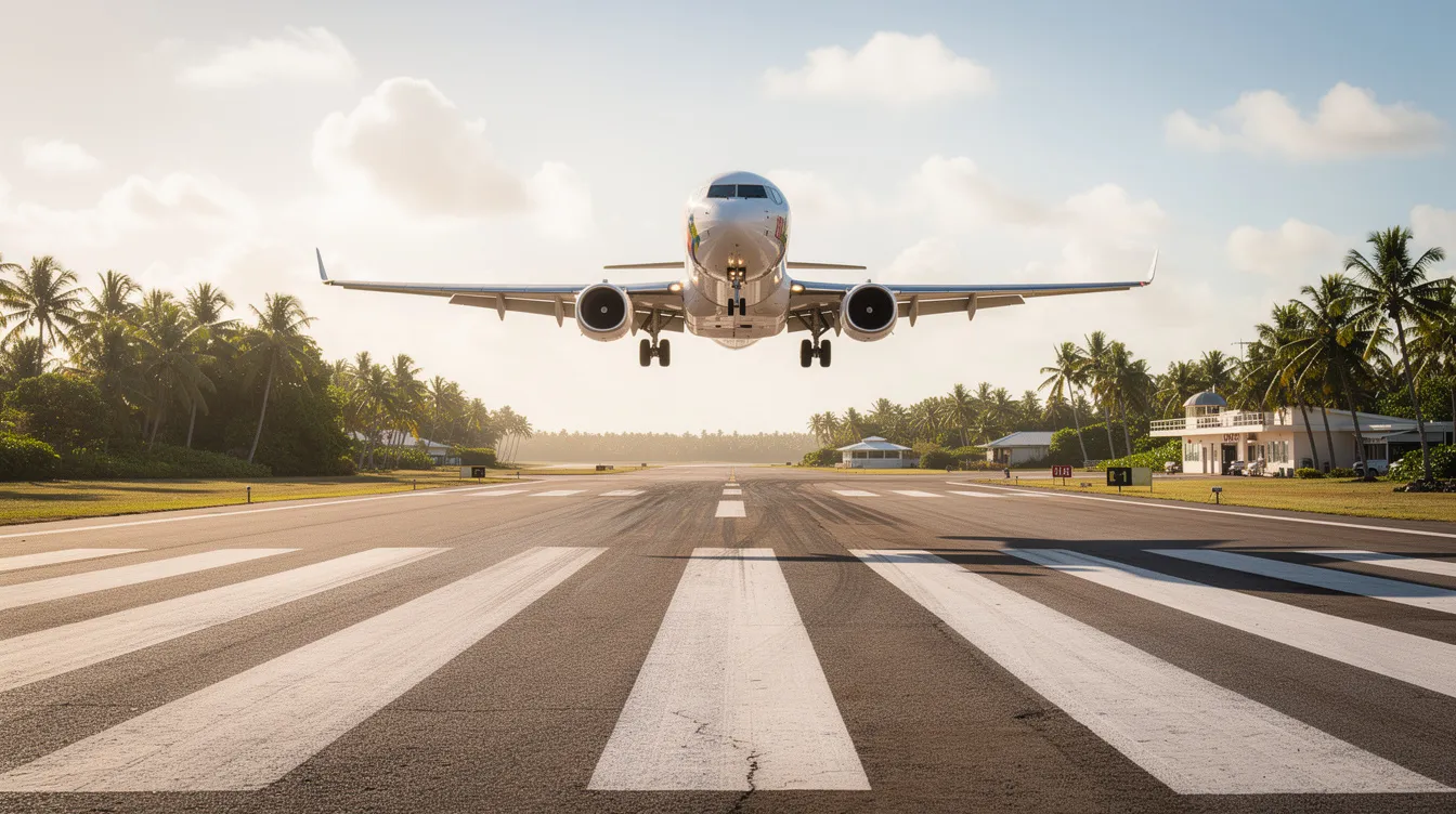 A small commercial passenger jet is approaching the runway at Key West International Airport, surrounded by lush palm trees typical of the tropical setting. This scene captures the essence of travel to Key West, a popular destination known for its direct flights and vibrant atmosphere.