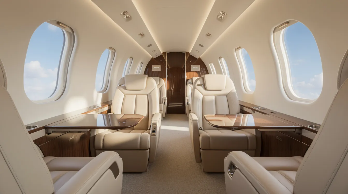 The image depicts the interior of a modern private jet cabin featuring cream leather seats and large oval windows that showcase a bright blue sky. This luxurious setting is ideal for travelers seeking direct flights to Key West, providing a comfortable and stylish atmosphere for their journey.