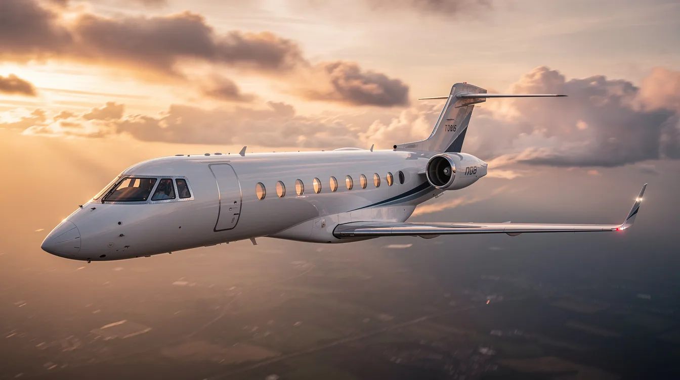 The image features a sleek private jet, showcasing its luxurious design and spacious cabin, which is often configured for VIP passengers. With powerful engines and a long range, this aircraft exemplifies the capabilities and prestige associated with private jets, making it a popular choice among owners seeking comfort and efficiency in their flights.