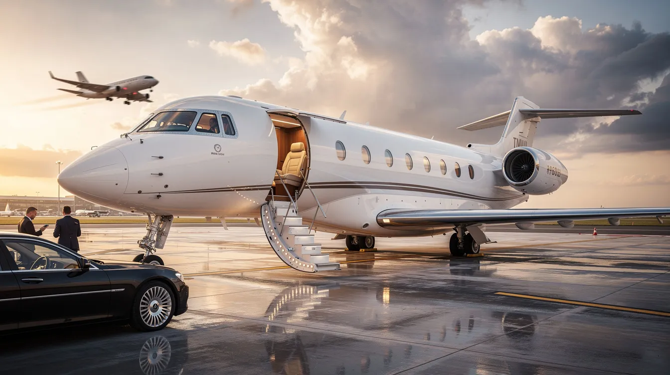 The image depicts a luxurious private jet, showcasing its sleek design and spacious cabin, which is often configured for VIP passengers. This aircraft represents the pinnacle of private aviation, featuring advanced technology and powerful engines that enhance its long-range capabilities and fuel economy, making it a preferred choice for elite travelers around the world.