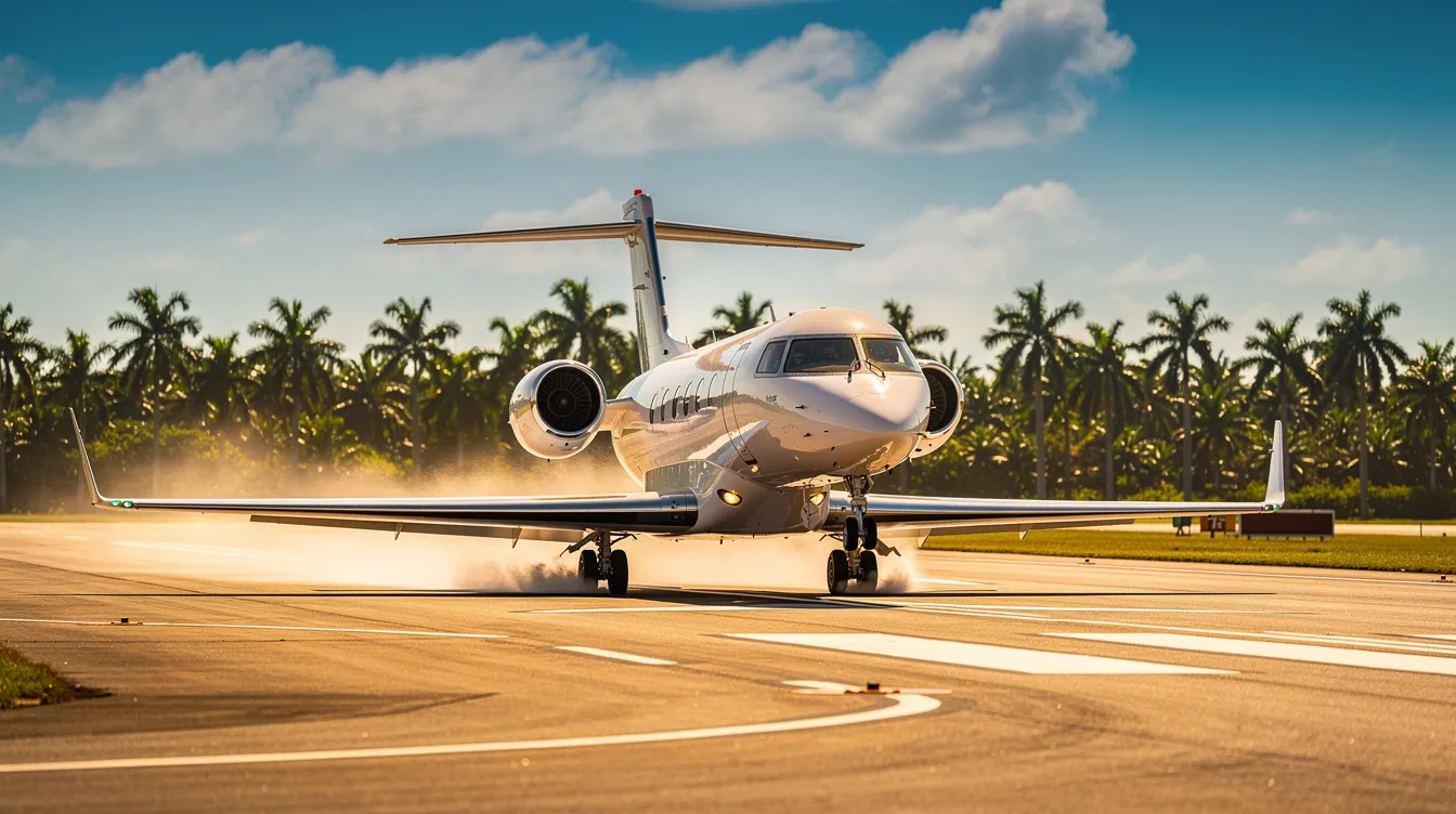A small private jet is landing on a sunny runway at Myrtle Beach International Airport, with palm trees swaying gently in the background, creating a picturesque scene for travelers arriving in Myrtle Beach, South Carolina. The bright blue sky adds to the vibrant atmosphere of this popular beach destination.