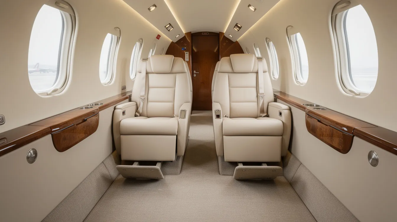 The image shows the interior of a small jet featuring wide single seats and ample legroom, designed for a comfortable flying experience. This setting is ideal for travelers seeking a hassle-free journey with generous amenities, reminiscent of a business class atmosphere in a private jet.