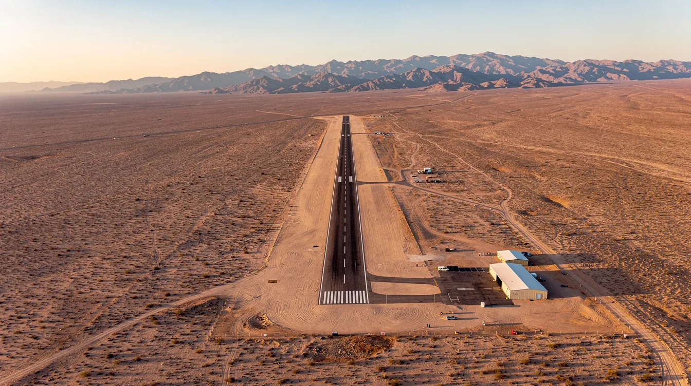 An aerial view captures a vast desert landscape with distant mountains, featuring a small airport runway nestled within it. This scene evokes a sense of travel and adventure, reminiscent of JSX flights and the great experiences awaiting travelers in locations like New Mexico and California.