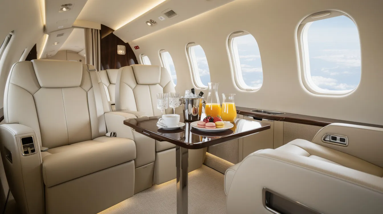 The image shows the interior of a luxurious private jet cabin, featuring plush leather seats arranged around a small table that is elegantly set with refreshments. This private charter environment emphasizes comfort and exclusivity, ideal for travelers seeking a premium experience away from commercial airlines.