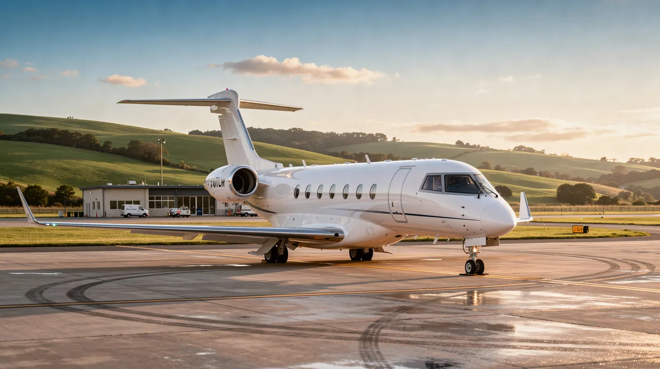 A sleek midsize private jet is parked at a small regional airport, with rolling green hills providing a serene backdrop, highlighting the appeal of private travel and charter flights. This image captures the essence of private aviation, showcasing the comfort and exclusivity that comes with private charter services.