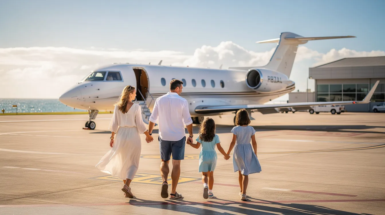 A family of four is walking towards a small private jet on a sunny tarmac at a coastal airport, ready for their private air travel adventure. This scene highlights the convenience and luxury of charter flights, offering personalized service for their journey.