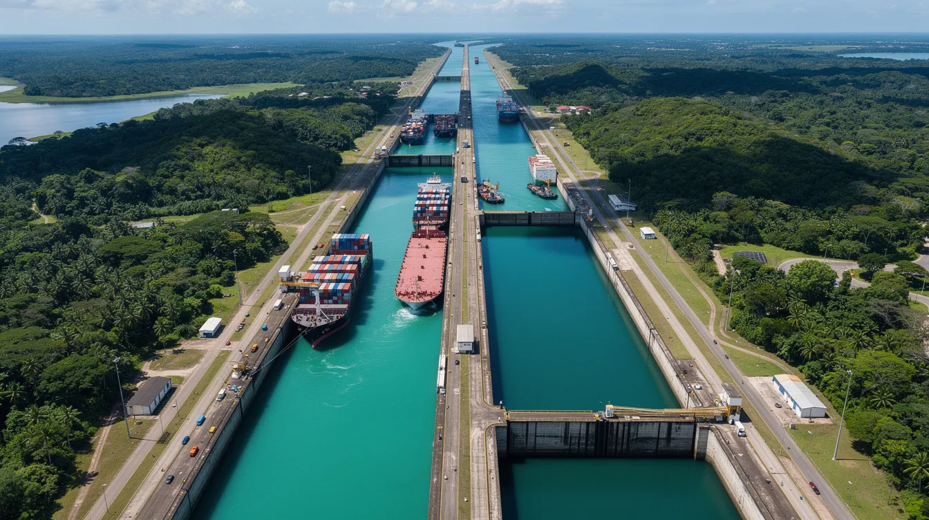 An aerial view of the Panama Canal showcases large ships navigating through the locks, surrounded by a lush tropical landscape. This scene highlights the impressive engineering of the canal, a key route for leisure travelers and private charter flights in Panama.