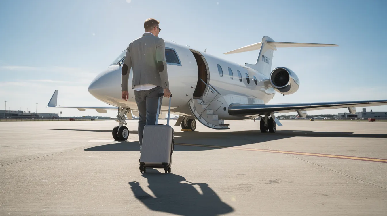A traveler is seen walking towards a private jet on a sunny tarmac, carrying a small carry-on bag, embodying the convenience and luxury of premier private aviation. This scene highlights the accessibility and elegance of charter flights, perfect for those seeking a seamless travel experience.