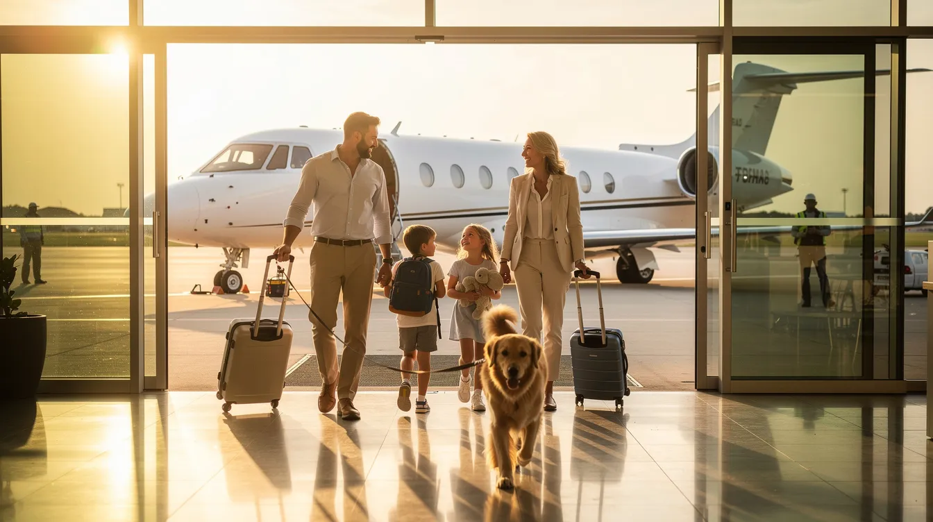 A family with children and a golden retriever walks across a private aviation terminal towards a waiting jet, showcasing the convenience and luxury of premier private jets. The scene captures the excitement of air travel, emphasizing the comfort and reliability of charter flights for families.