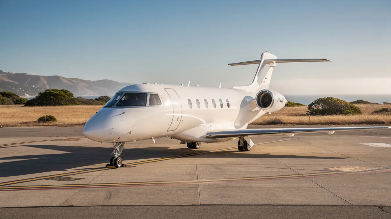 A small private jet is parked on a sunny tarmac at Santa Barbara Municipal Airport, with the picturesque Santa Ynez Mountains in the background, showcasing a serene California landscape. This scene highlights the ease of private jet travel and charter services available in Santa Barbara County.